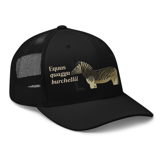 Bontequagga "Equua quagga burchellii" Embroidered Black Trucker Hat Right Front Mockup