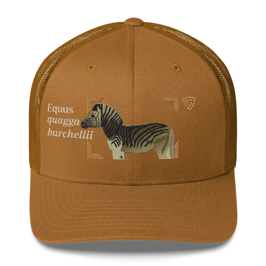 Bontequagga "Equua quagga burchellii" Embroidered Caramel Trucker Hat Front Mockup