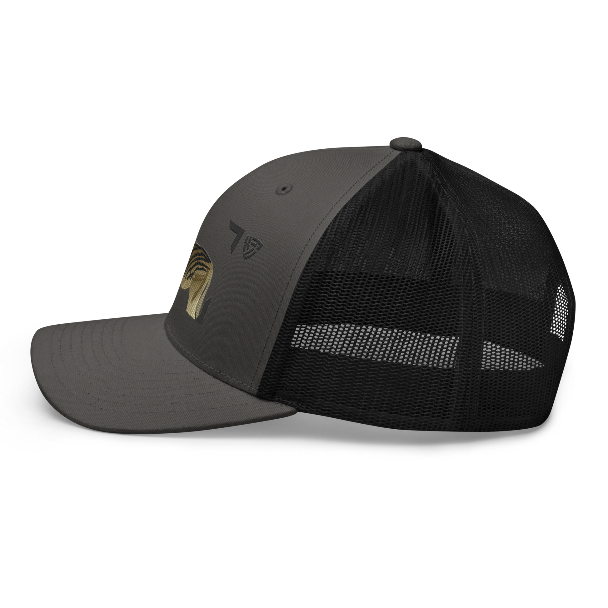 Bontequagga "Equua quagga burchellii" Embroidered Charcoal Grey & Black Trucker Hat Left Mockup