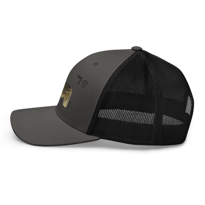 Bontequagga "Equua quagga burchellii" Embroidered Charcoal Grey & Black Trucker Hat Left Mockup
