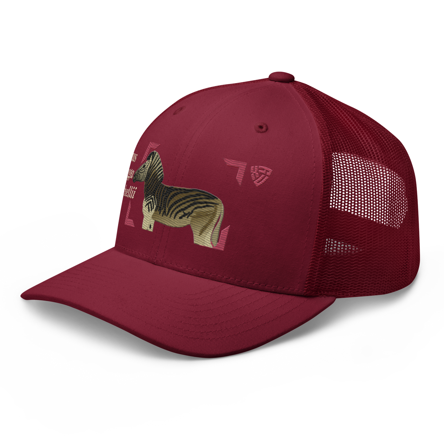 Bontequagga "Equua quagga burchellii" Embroidered Cranberry Red Trucker Hat Left Front Mockup