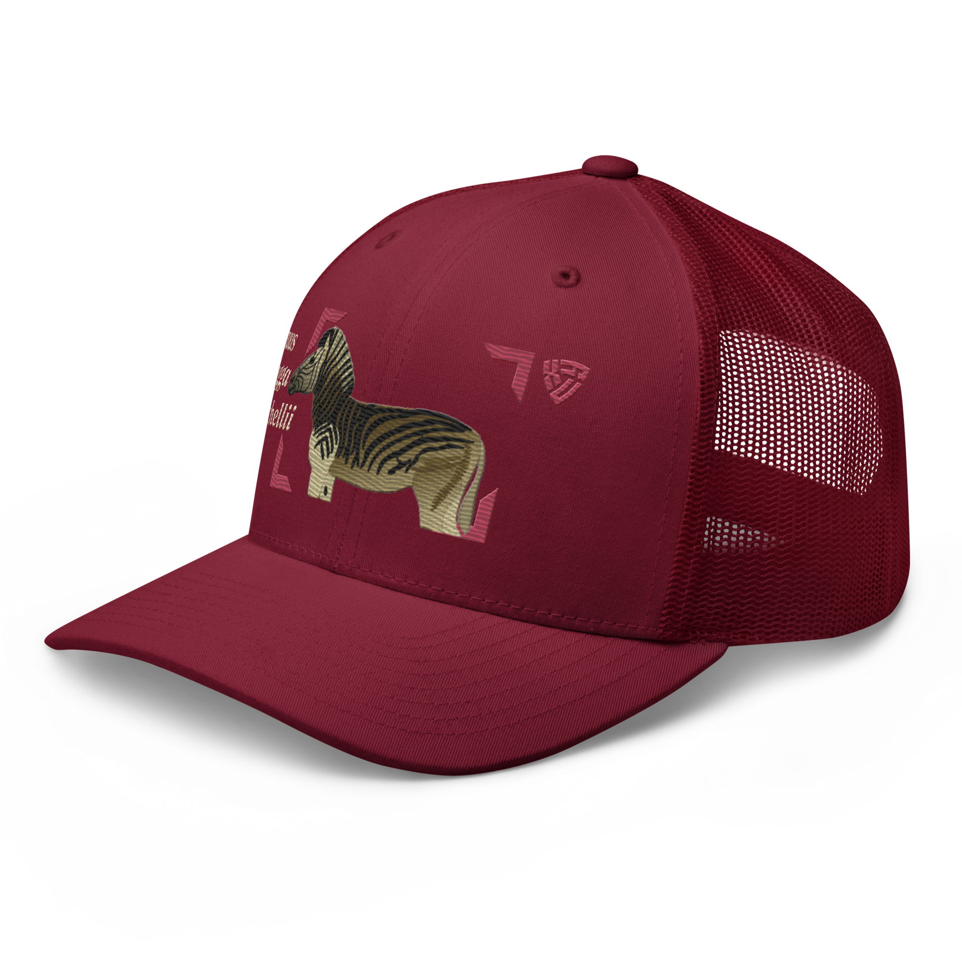Bontequagga "Equua quagga burchellii" Embroidered Cranberry Red Trucker Hat Left Front Mockup