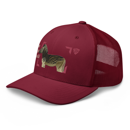 Bontequagga "Equua quagga burchellii" Embroidered Cranberry Red Trucker Hat Left Front Mockup
