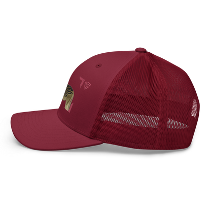 Bontequagga "Equua quagga burchellii" Embroidered Cranberry Red Trucker Hat Left Mockup
