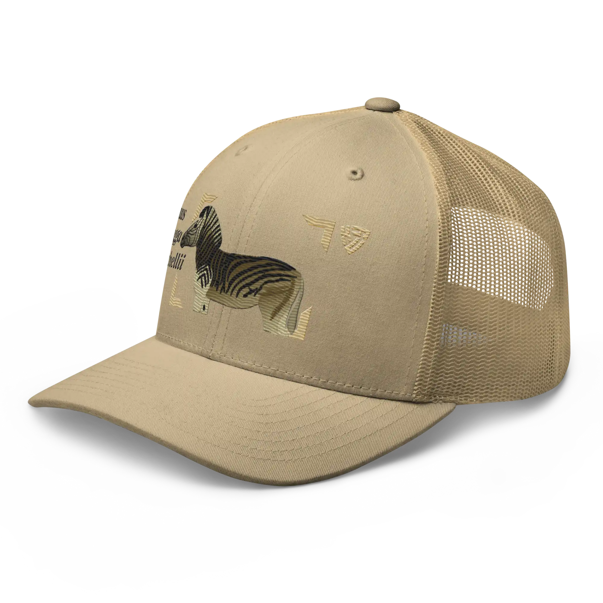 Bontequagga "Equua quagga burchellii" Embroidered Khaki Trucker Hat Left Front Mockup