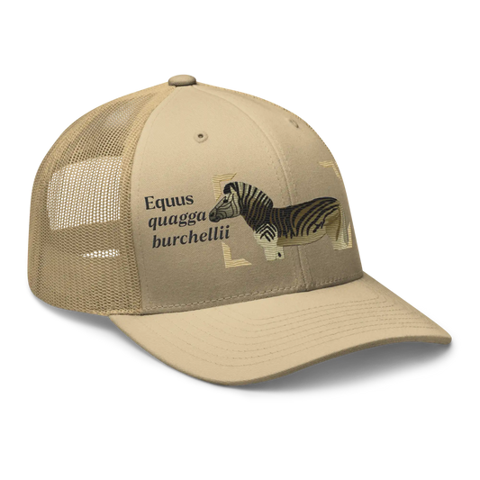 Bontequagga "Equua quagga burchellii" Embroidered Khaki Trucker Hat Right Front Mockup