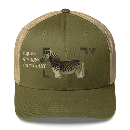 Bontequagga "Equua quagga burchellii" Embroidered Moss Green & Khaki Trucker Hat Front Mockup