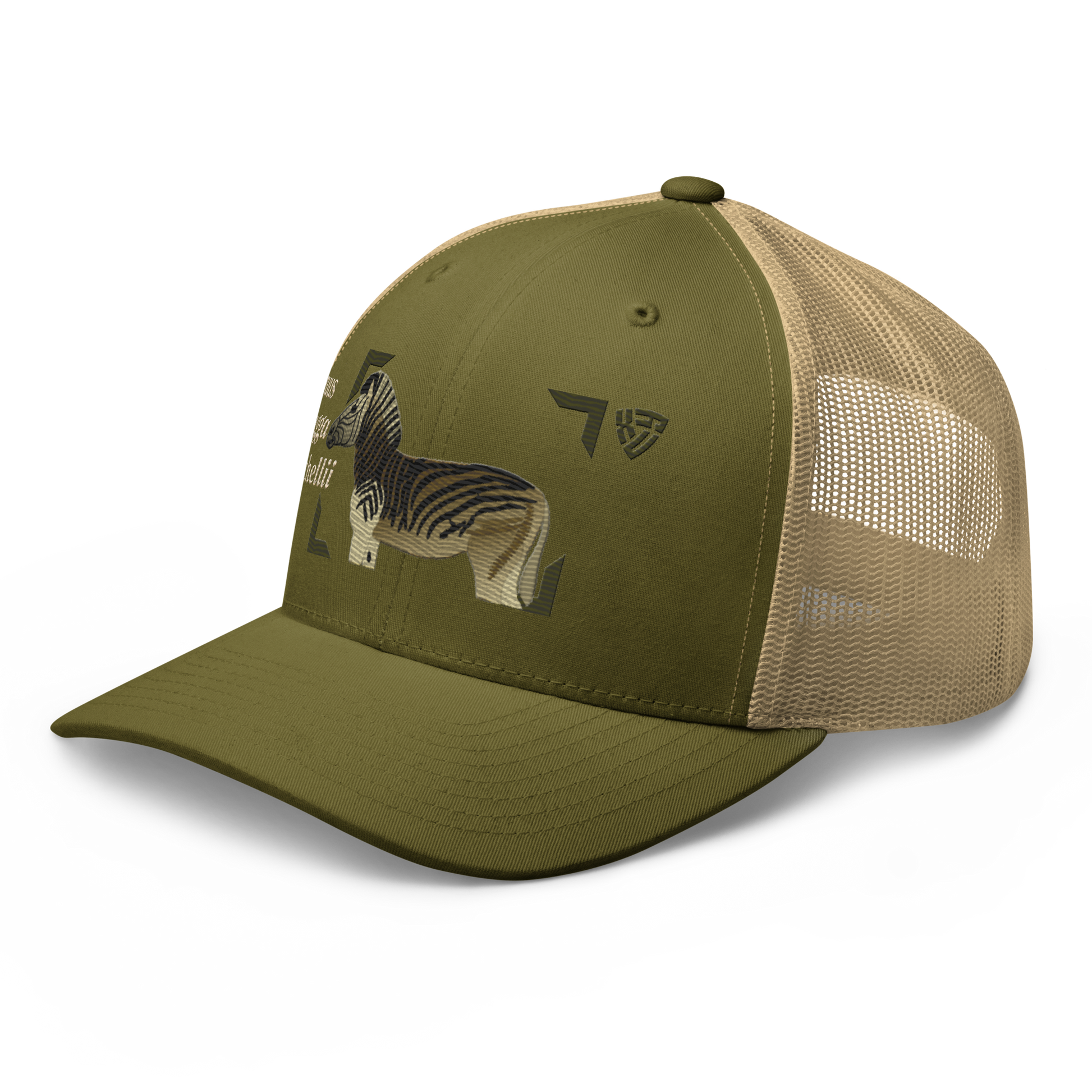 Bontequagga "Equua quagga burchellii" Embroidered Moss Green & Khaki Trucker Hat Left Front Mockup