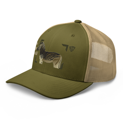 Bontequagga "Equua quagga burchellii" Embroidered Moss Green & Khaki Trucker Hat Left Front Mockup