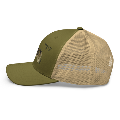 Bontequagga "Equua quagga burchellii" Embroidered Moss Green & Khaki Trucker Hat Left Mockup