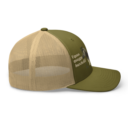 Bontequagga "Equua quagga burchellii" Embroidered Moss Green & Khaki Trucker Hat Right Mockup