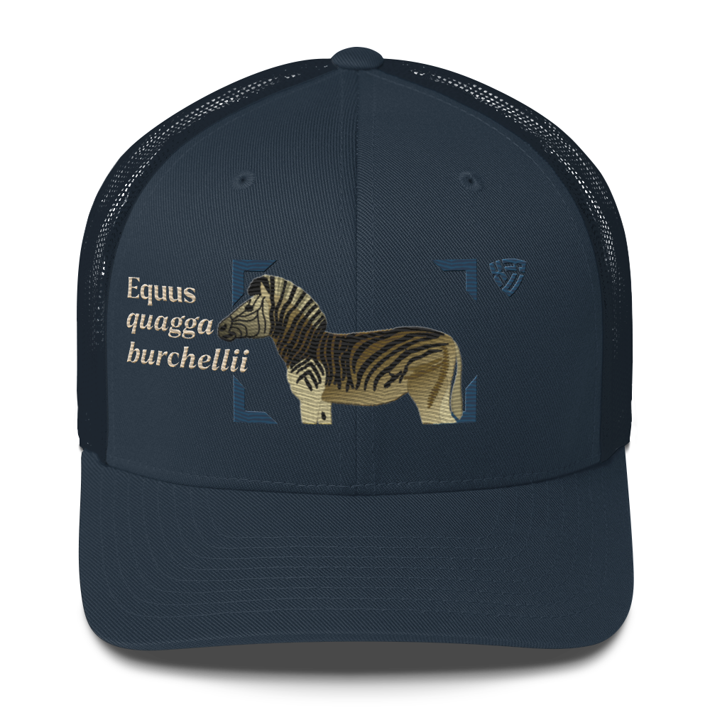Bontequagga "Equua quagga burchellii" Embroidered Navy Blue Trucker Hat Front Mockup