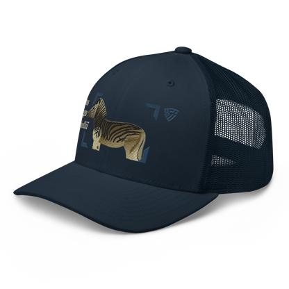 Bontequagga "Equua quagga burchellii" Embroidered Navy Blue Trucker Hat Left Front Mockup
