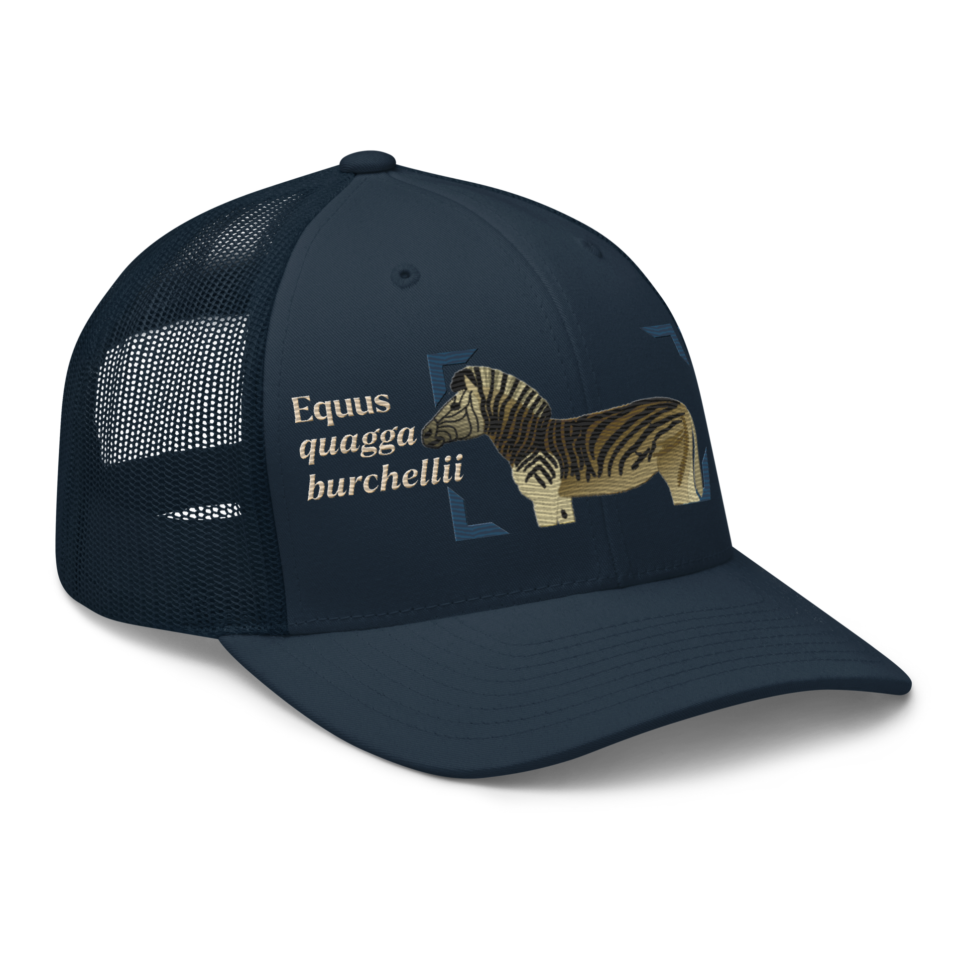 Bontequagga "Equua quagga burchellii" Embroidered Navy Blue Trucker Hat Right Front Mockup