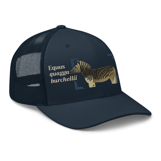 Bontequagga "Equua quagga burchellii" Embroidered Navy Blue Trucker Hat Right Front Mockup