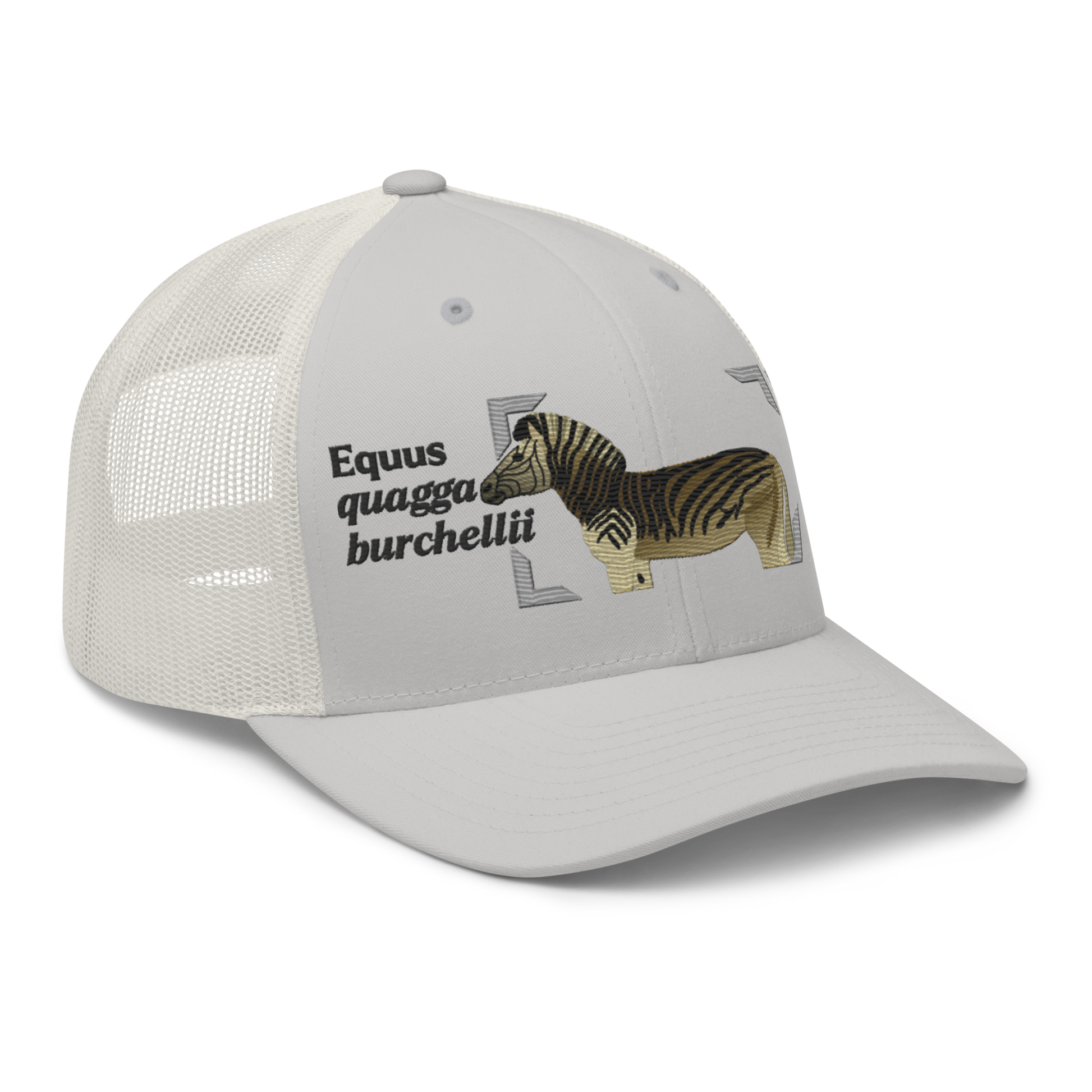 Bontequagga "Equua quagga burchellii" Embroidered Silver Trucker Hat Right Front Mockup