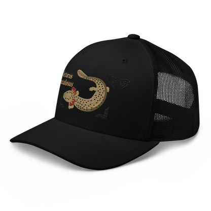 Common Mudpuppy "Necturus maculosus" Embroidered Black Trucker Hat Left Front Mockup