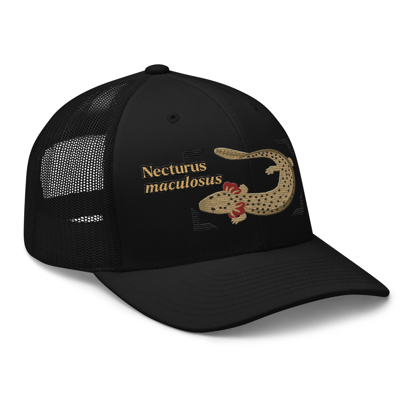 Common Mudpuppy "Necturus maculosus" Embroidered Black Trucker Hat Right Front Mockup