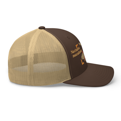 Common Mudpuppy "Necturus maculosus" Embroidered Brown & Khaki Trucker Hat Right Mockup