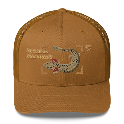Common Mudpuppy "Necturus maculosus" Embroidered Caramel Trucker Hat Front Mockup
