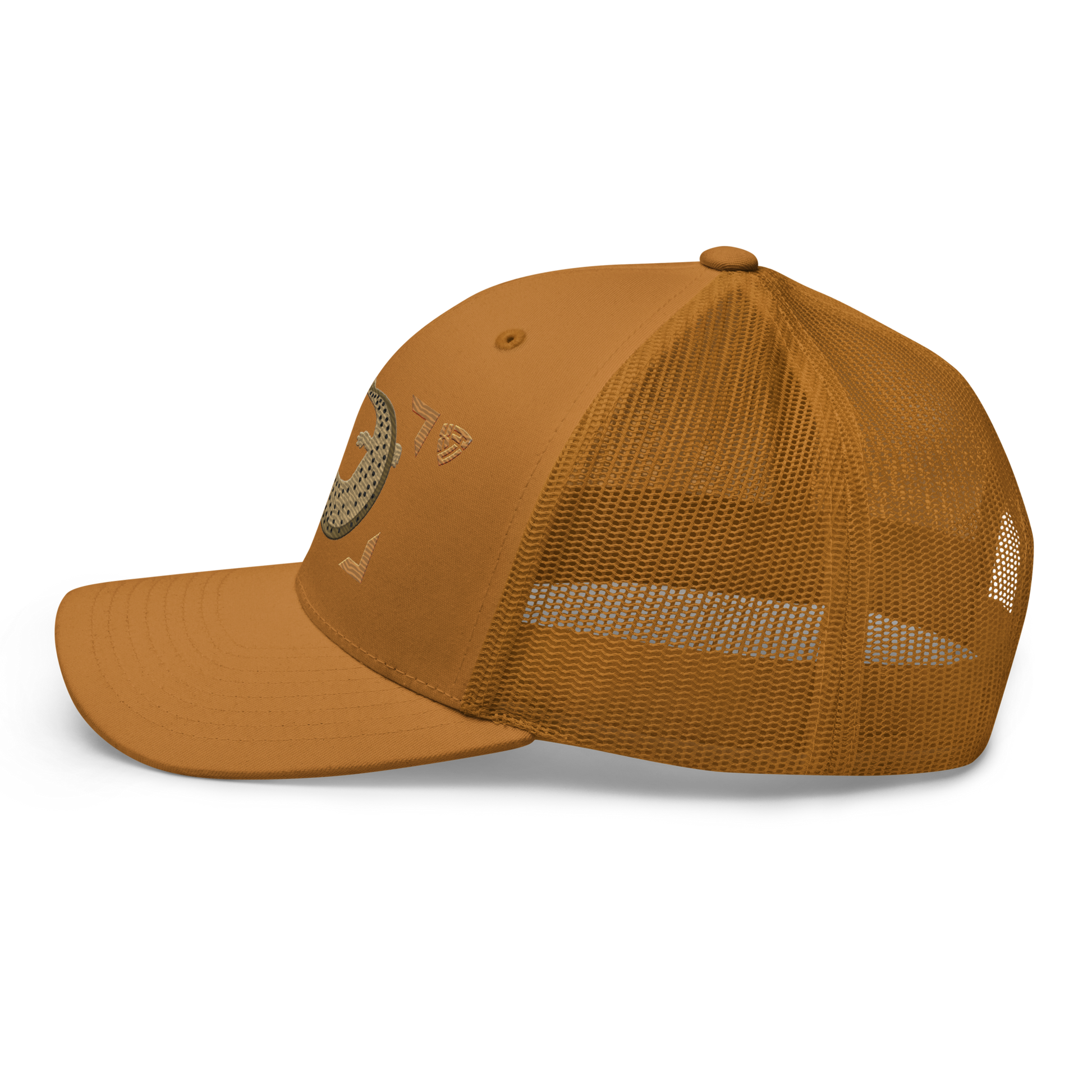 Common Mudpuppy "Necturus maculosus" Embroidered Caramel Trucker Hat Left Mockup