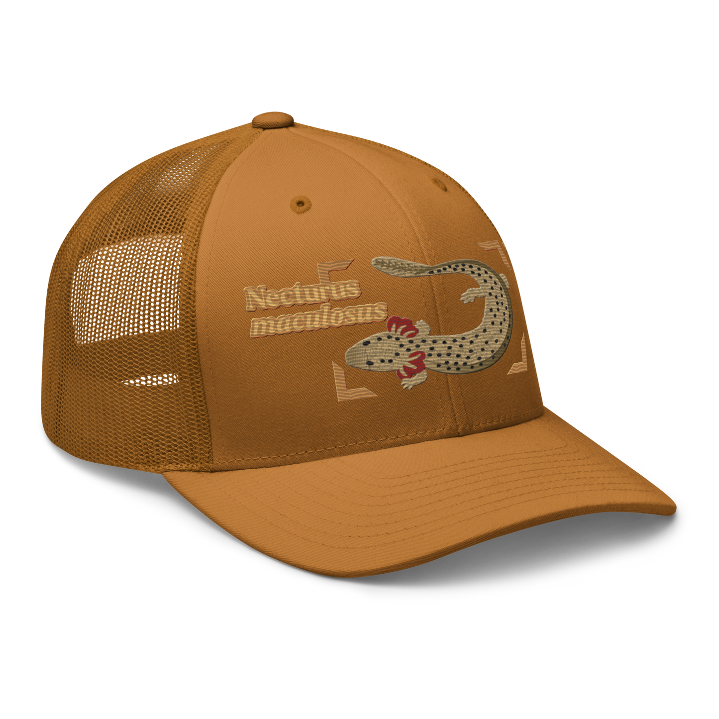 Common Mudpuppy "Necturus maculosus" Embroidered Caramel Trucker Hat Right Front Mockup