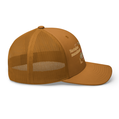 Common Mudpuppy "Necturus maculosus" Embroidered Caramel Trucker Hat Right Mockup