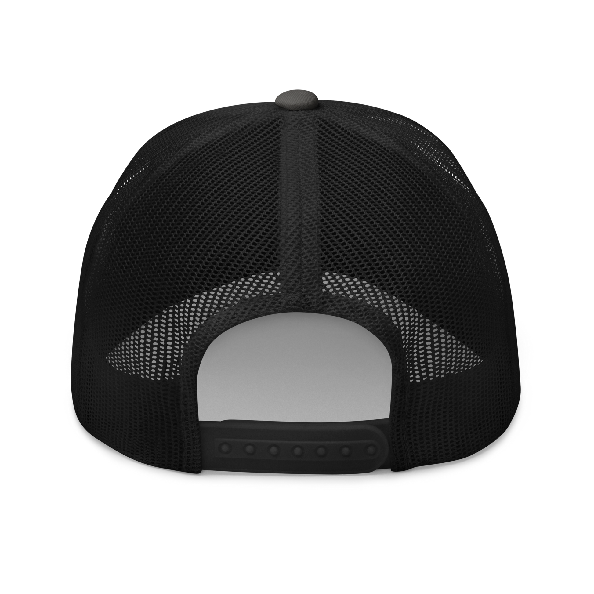 Common Mudpuppy "Necturus maculosus" Embroidered Charcoal Grey & Black Trucker Hat Back Mockup