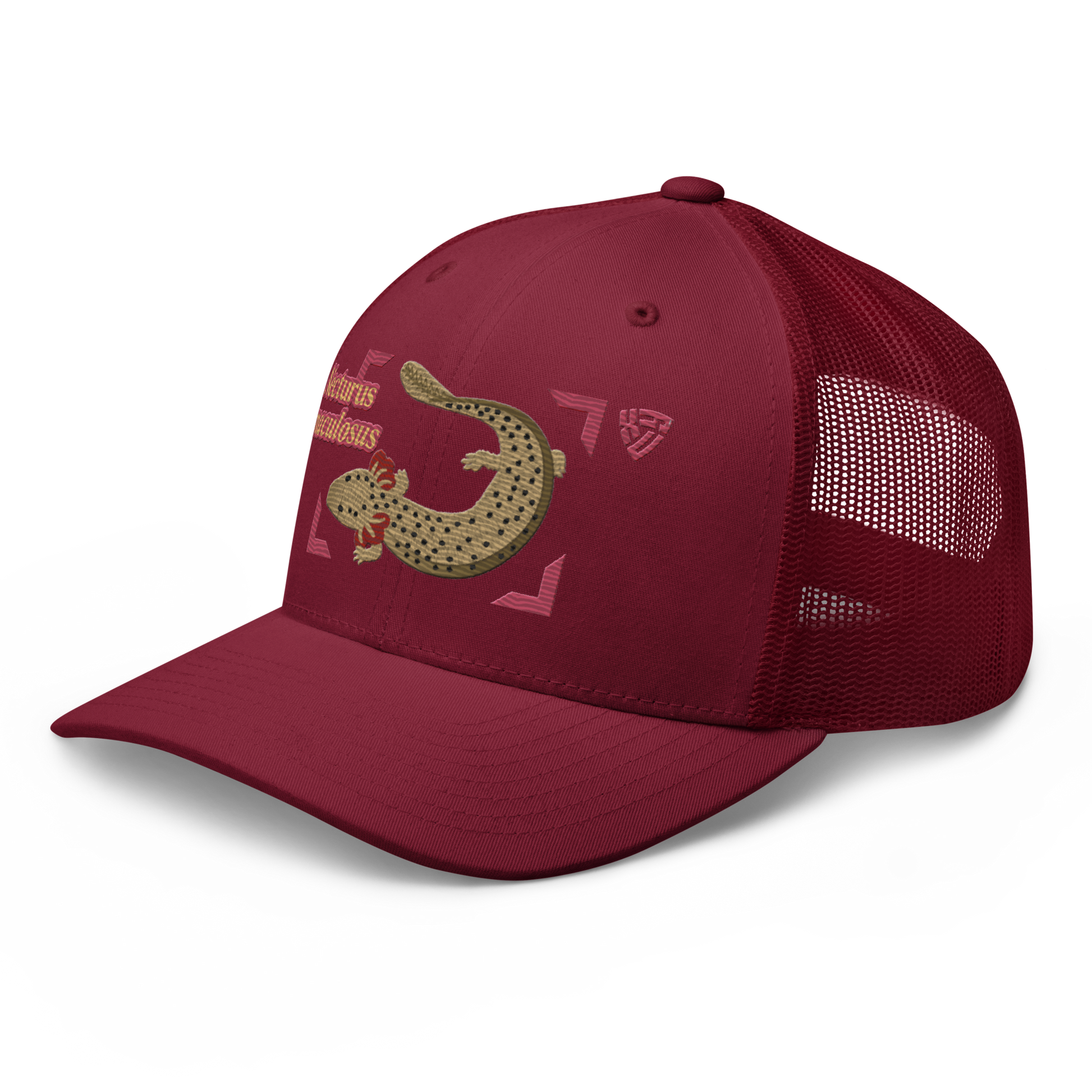 Common Mudpuppy "Necturus maculosus" Embroidered Cranberry Red Trucker Hat Left Front Mockup