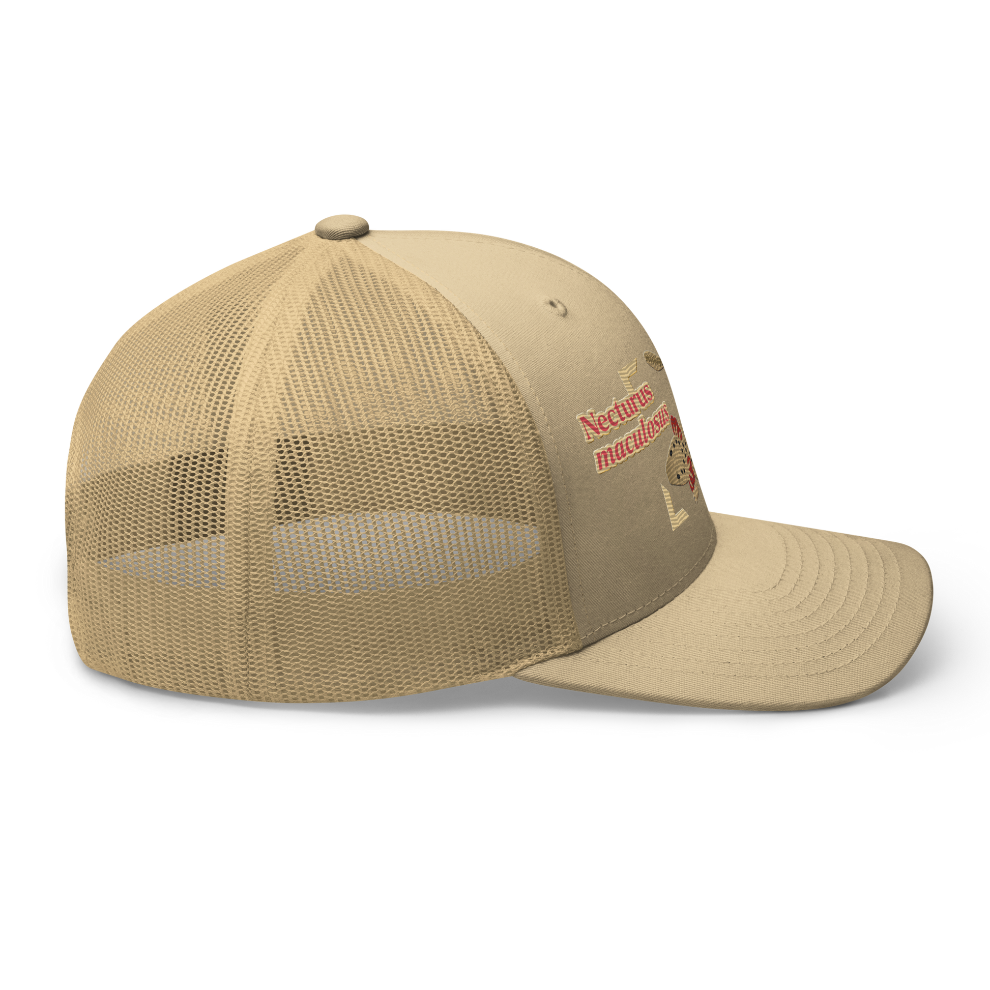 Common Mudpuppy "Necturus maculosus" Embroidered Khaki Trucker Hat Right Mockup