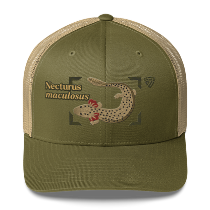 Common Mudpuppy "Necturus maculosus" Embroidered Moss Green & Khaki Trucker Hat Front Mockup