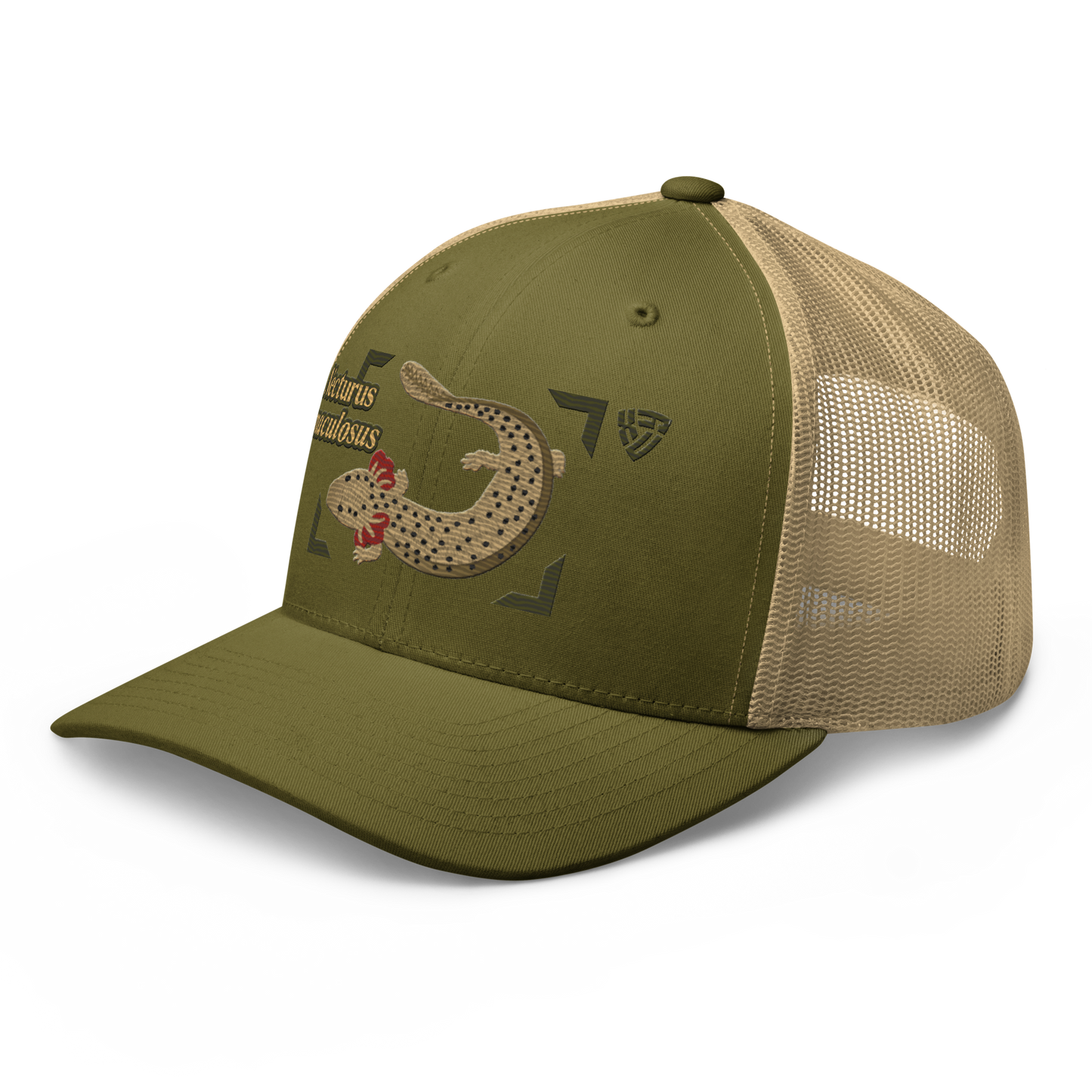 Common Mudpuppy "Necturus maculosus" Embroidered Moss Green & Khaki Trucker Hat Left Front Mockup