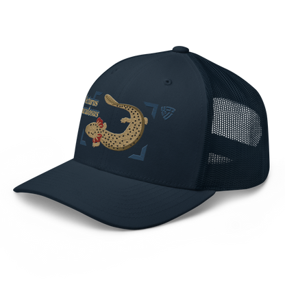 Common Mudpuppy "Necturus maculosus" Embroidered Navy Blue Trucker Hat Left Front Mockup