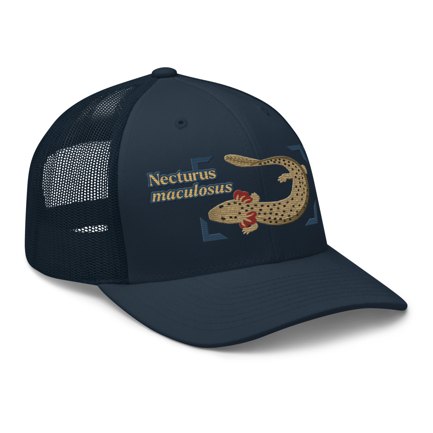 Common Mudpuppy "Necturus maculosus" Embroidered Navy Blue Trucker Hat Right Front Mockup