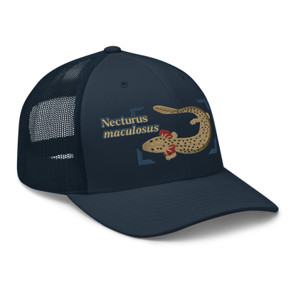 Common Mudpuppy "Necturus maculosus" Embroidered Navy Blue Trucker Hat Right Front Mockup