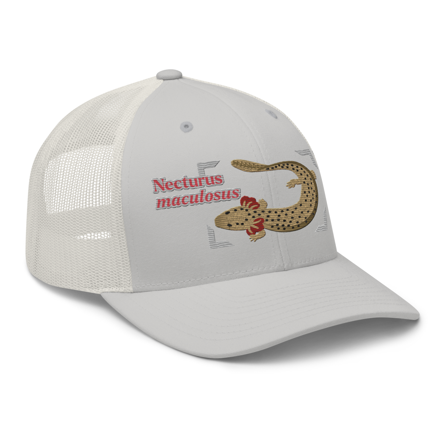 Common Mudpuppy "Necturus maculosus" Embroidered Silver Trucker Hat Right Front Mockup