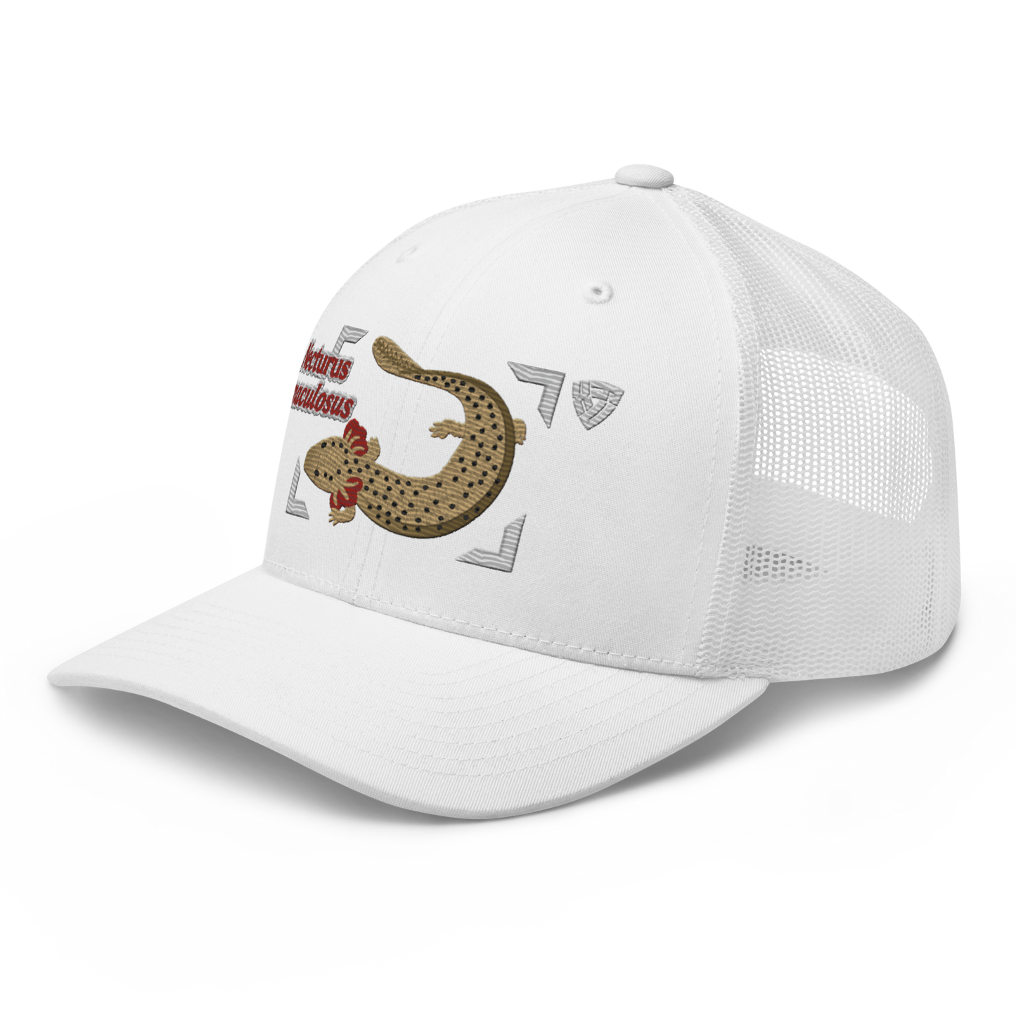 Common Mudpuppy "Necturus maculosus" Embroidered White Trucker Hat Left Front Mockup