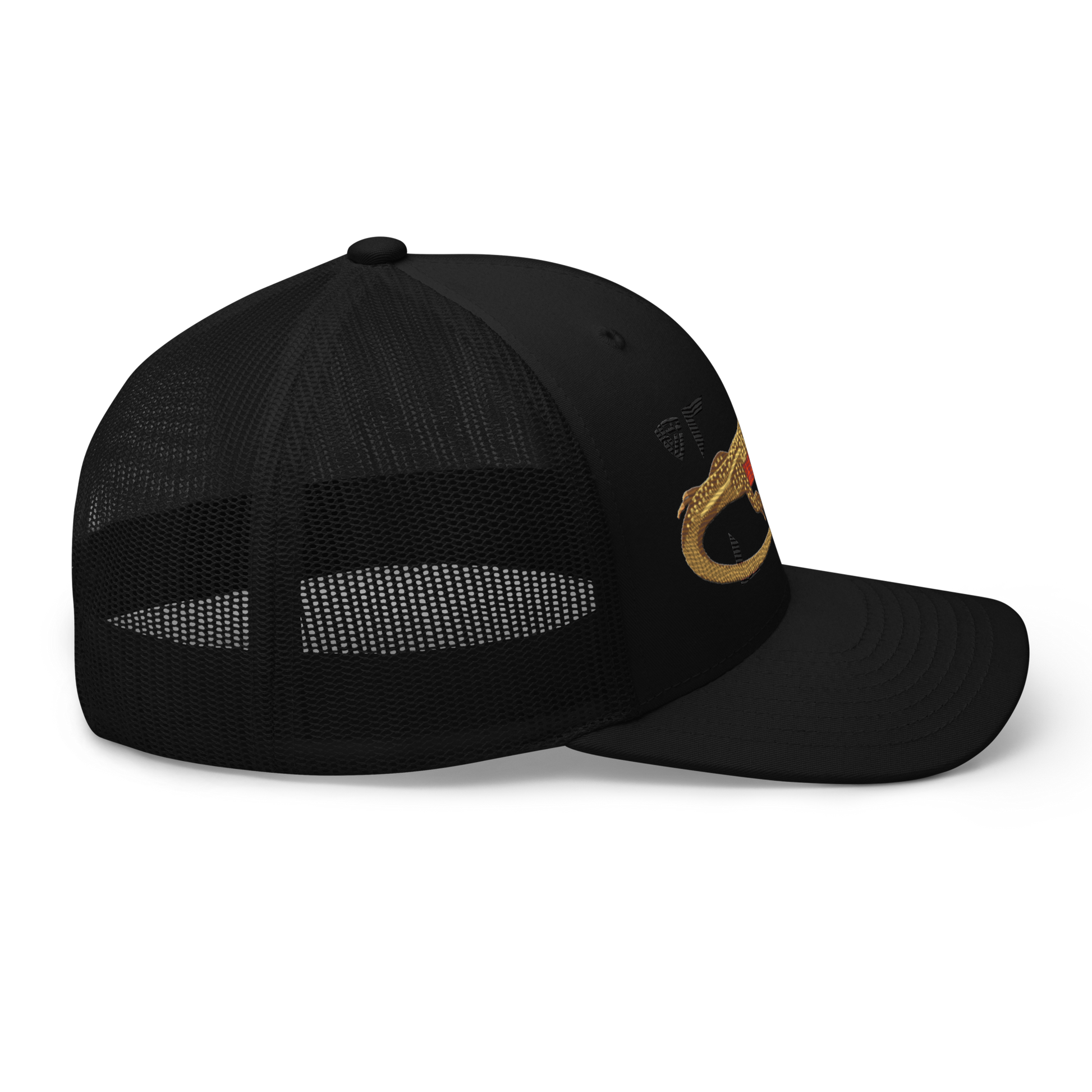Giant Butterfly Lizard "Leiolepis guttata" Embroidered Black Trucker Hat Right Mockup