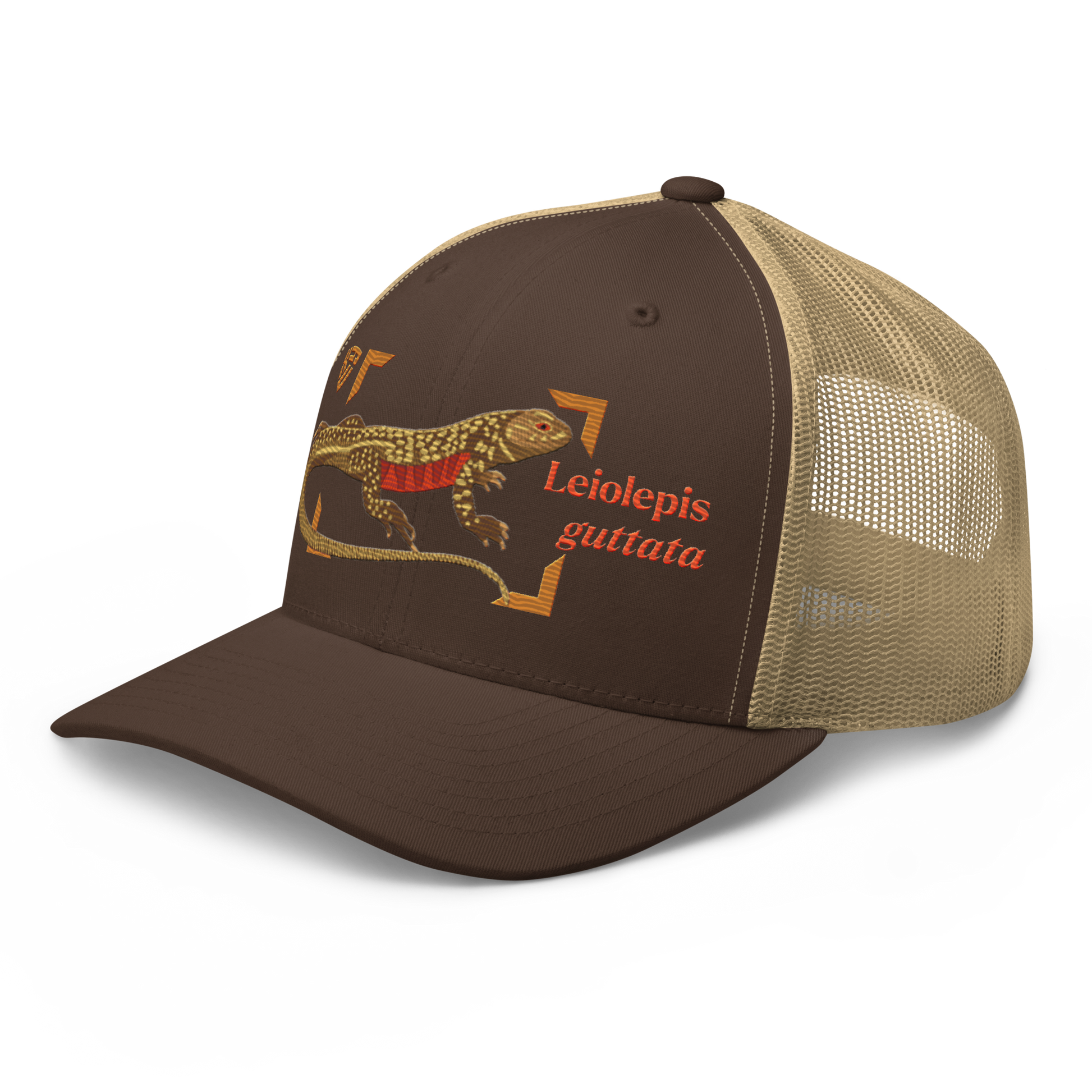 Giant Butterfly Lizard "Leiolepis guttata" Embroidered Brown & Khaki Trucker Hat Left Front Mockup