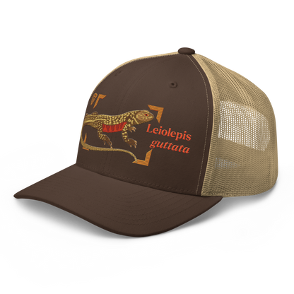 Giant Butterfly Lizard "Leiolepis guttata" Embroidered Brown & Khaki Trucker Hat Left Front Mockup