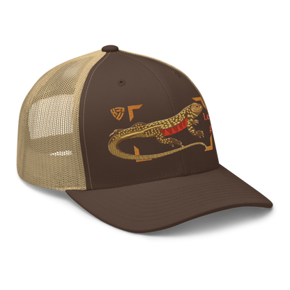 Giant Butterfly Lizard "Leiolepis guttata" Embroidered Brown & Khaki Trucker Hat Right Front Mockup