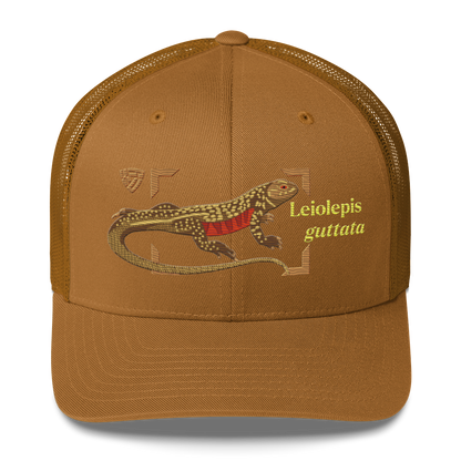 Giant Butterfly Lizard "Leiolepis guttata" Embroidered Caramel Trucker Hat Front Mockup