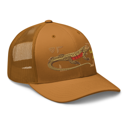 Giant Butterfly Lizard "Leiolepis guttata" Embroidered Caramel Trucker Hat Right Front Mockup