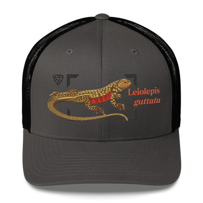 Giant Butterfly Lizard "Leiolepis guttata" Embroidered Charcoal Grey & Black Trucker Hat Front