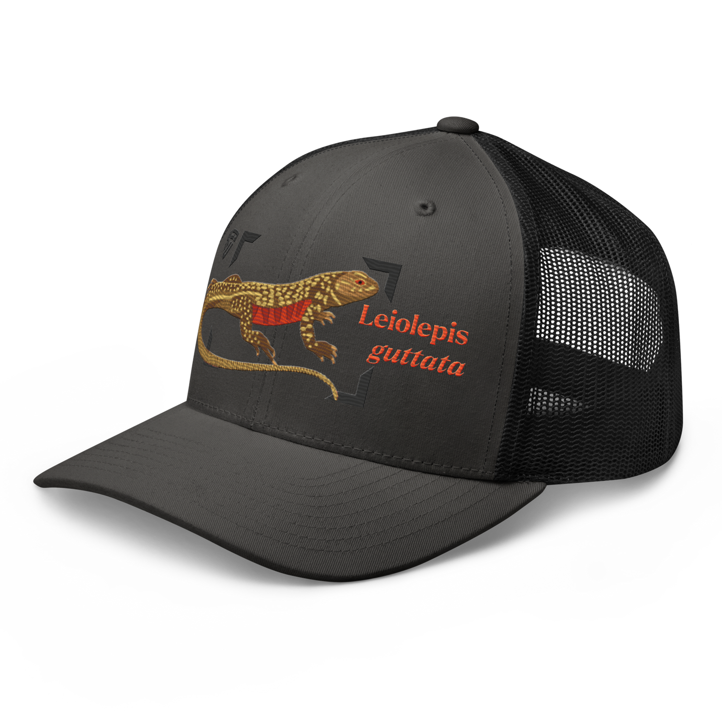 Giant Butterfly Lizard "Leiolepis guttata" Embroidered Charcoal Grey & Black Trucker Hat Left Front
