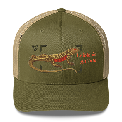 Giant Butterfly Lizard "Leiolepis guttata" Embroidered Moss Green & Khaki Trucker Hat Front Mockup