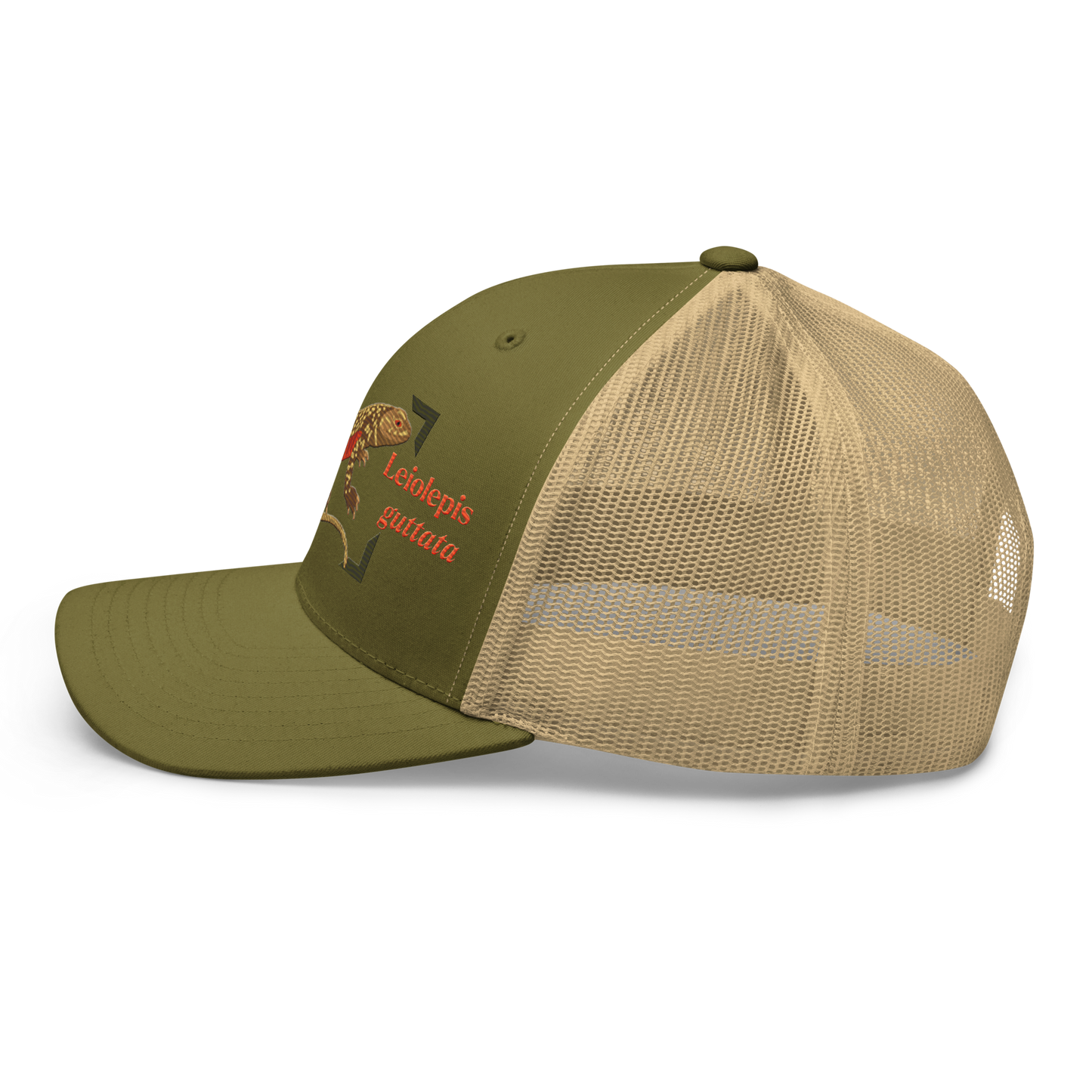 Giant Butterfly Lizard "Leiolepis guttata" Embroidered Moss Green & Khaki Trucker Hat Left Mockup