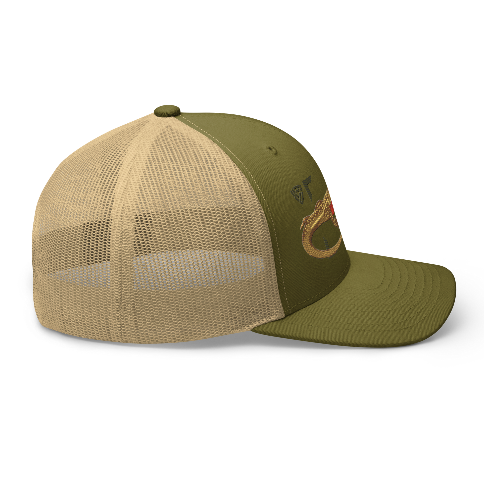 Giant Butterfly Lizard "Leiolepis guttata" Embroidered Moss Green & Khaki Trucker Hat Right Mockup