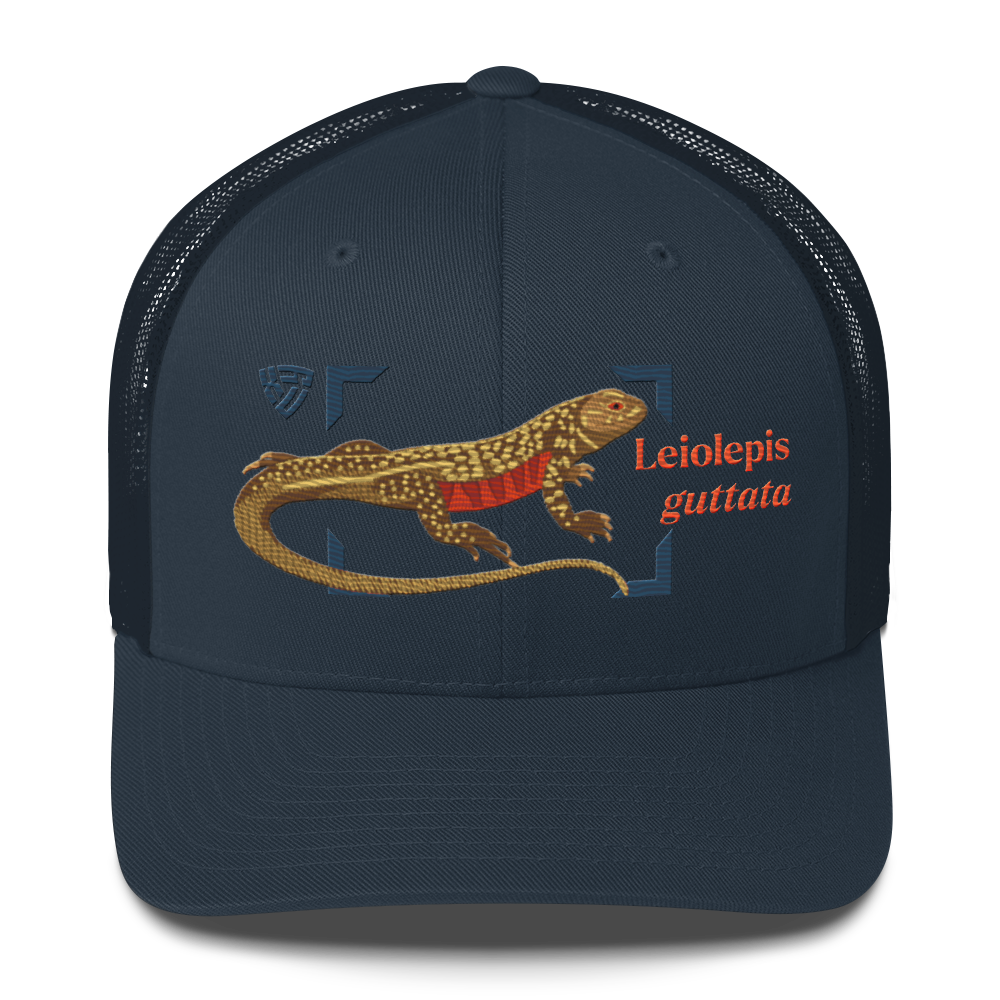 Giant Butterfly Lizard "Leiolepis guttata" Embroidered Navy Blue Trucker Hat Front Mockup