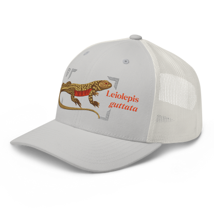 Giant Butterfly Lizard "Leiolepis guttata" Embroidered Silver Trucker Hat Left Front Mockup